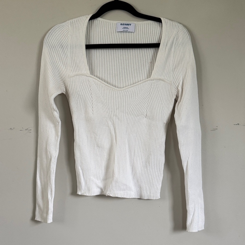 Old Navy Petite Medium White Ribbed Sweetheart Neck Top Fitted Long Sleeve Sweat